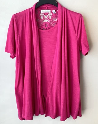 Camisa Kim Rogers Manga Corta Rosa Brillante Top Encogerse de hombros Superposición Encaje Espalda Talla M Foto 1 de 4