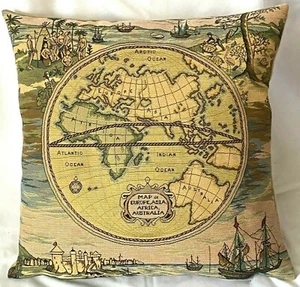 ANTIQUE WORLD MAP WITH SCENES 47CM 18" ZIPPED BELGIAN TAPESTRY CUSHION COVER 28G - Picture 1 of 12