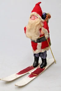 Antik Vintage Ton Gesicht SANTA auf Ski gesponnene Baumwollwatte Weihnachtsschmuck Japan - Bild 1 von 9