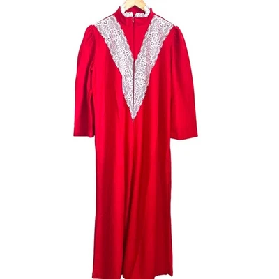 Camisón de franela vintage años 70 Louise D vestido de casa talla L rojo caftán bata retro Foto 1 de 4