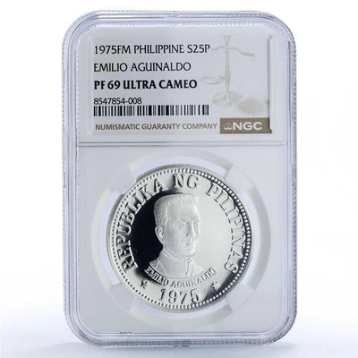 Filipinas 25 piso Nueva Sociedad Emilio Aguinaldo PF69 NGC moneda de plata 1975 Foto 1 de 4