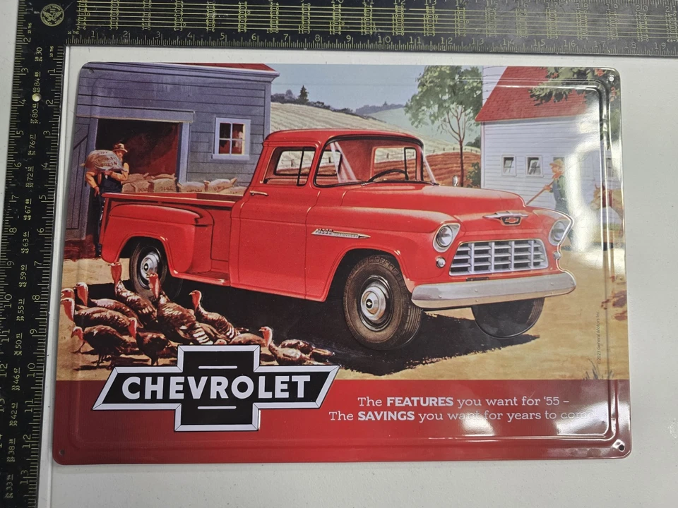 Chevrolet Chevy 1955 Pick Up Truck Red 12" x 17" Caveman Garage Metal Sign - Image 1 of 1