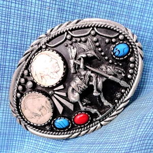 Native American End Of The Trail Buffalo Nickels Belt Buckle Vtg 70s RAM .NOX938 - Picture 1 of 10