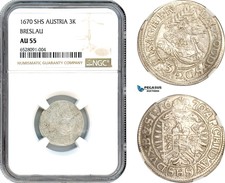 AI322, Austria, Leopold I, 3 Kreuzer 1670 SHS, Breslau Mint, Silver, NGC AU55