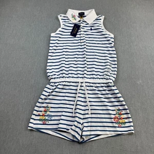 Polo Ralph Lauren Girls Large 12-14 White Blue Striped 100% Cotton Mesh Romper - Picture 1 of 16