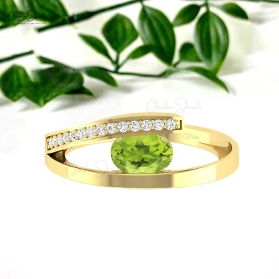 Split Shank Bypass Ring Natural 7x5mm Oval Peridot & Diamond 14k Real Gold Ring - Image 1 of 4