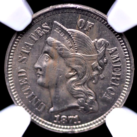 1871 THREE CENT NICKEL NGC MS 62 LIGHT SILVERY PEWTER WITH LIGHT WOODGRAIN TAN Cover