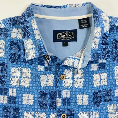 Camisa Nat Nast Original de Lujo Azul Blanco Cuadros Mezcla de Seda Manga Corta Para Hombres L Foto 1 de 4