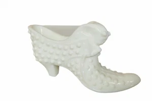 Fenton art glass milk white ladies high heel shoe cat face vtg mcm hobnail decor - Picture 1 of 4