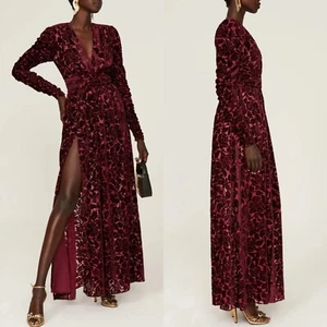 BRONX & BANCO Gown Women 4 Red Velvet Floral Long Sleeve High Slit V-Neck - Picture 1 of 13