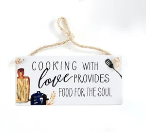 HOME GARDEN SENTIMENT -COOKING WITH LOVE - MINI METAL SIGN w/ ROPE HANGER NEW - Picture 1 of 2