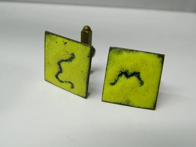 Gemelos Art Deco esmaltados amarillos vintage en cobre Foto 1 de 3