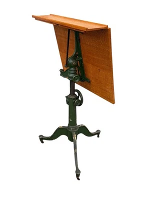Antique cast iron & oak drafting table drawing architects table adjustable wheel - Image 1 of 4