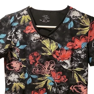Scrub top donna Cherokee Infinity taglia XS nero floreale rosa rosso giallo tasche - Foto 1 di 4