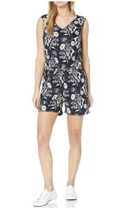 Women's Navy with flower print playsuit Linen for the summer Size UK 14 - Picture 1 of 5