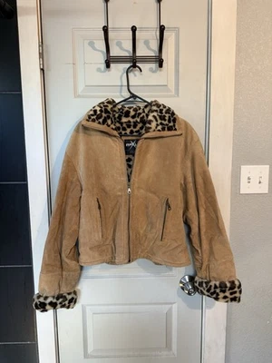 Vintage 1990s Wilson's Maxima Women's Suede Moto Jacket Leopard Print Fur Lined - Image 1 of 4