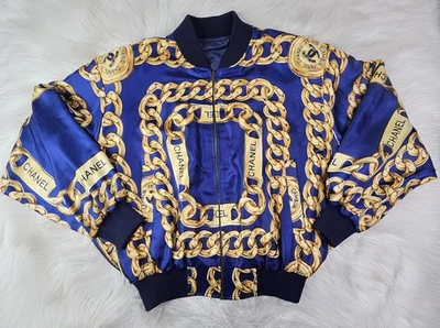 Vtg 80s 90s Chanel Silk Chain Logo Blue Gold Jacket XL 🔥 - Image 1 of 4