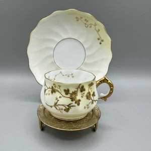 Limoges Elite Cup Saucer Bawo Dotter Gilded Flowers Scalloped 1891-1900 Antique - Picture 1 of 12