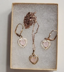 Delicate Pink Glass Heart Necklace & Pierced Earrings w Clear Rhinestones - Picture 1 of 10