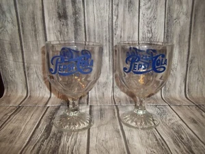 Pair Of Vintage Pepsi Cola Dimpled Glass Footed Goblets with Blue Pyro Lettering - Picture 1 of 10