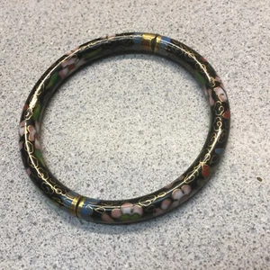 Vintage Black Chinese Enamel Floral Cloisonné Bangle Bracelet Hinged Clasp - Picture 1 of 6