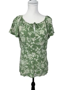 Alfani Blouse Size 16 Silk Green & White Floral Boho Flutter Ruffle Side Zip Top - Picture 1 of 9