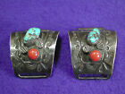 Vintage Navajo Silver Turquoise Coral Men's Watch Tips Signed Arthur J Williams