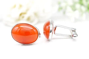 Natural Carnelian Cufflinks 925 Sterling Silver Fathers Day Gift. Orange Stone - Picture 1 of 6