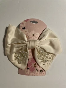 Nicole Miller Wedding Hair Bow Clip, Champagne Color w Faux Pearls 7.5”x 5” New - Picture 1 of 4