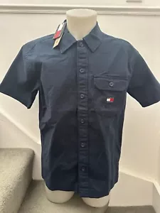 Mens Tommy Jeans Essential Solid Short Sleeve Overshirt Dark Night Blue Hilfiger - Picture 1 of 7