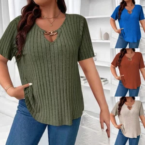 Plus Size Womens Solid Short Sleeve T Shirts Ladies Casual Hollow Out Blouse Top - Picture 1 of 30