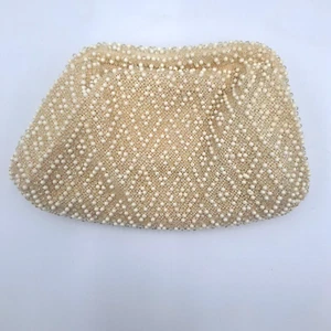 Vintage 50's Lumured Ivory Corde Bead Clutch Purse Diamond Stitch Liebermann - Picture 1 of 5