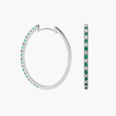 0.30 Ct Emerald & Lab Grown CVD Diamond Prong Earrings 14K Solid White Gold - Image 1 of 3