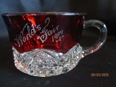 World's Fair 1904 Ruby Stain Souvenir Cup Duncan Glass Button Arches Anne Connie - Image 1 of 4