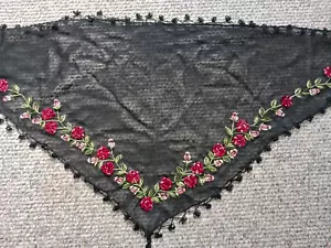 Vintage Black Sheer Triangle Shawlw/ Embroidered Roses Beaded - Picture 1 of 21
