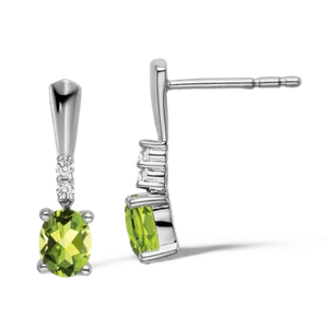 14K Solid White Gold Oval Peridot Diamond Dangle Earrings - Picture 1 of 4