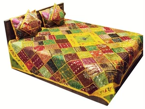 5 PC EXOTIC INDIA SARI BEADED MOTI KUNDAN THROW QUILT BEDSPREAD COVERLET BLANKET - Picture 1 of 13