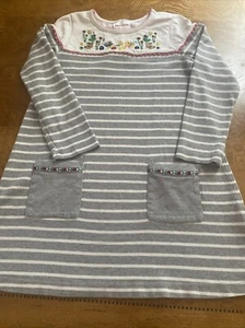 Hanna Andersson Sz 5 Gray & White Stripe Floral Long Sleeve A-line Sweater Dress - Picture 1 of 3