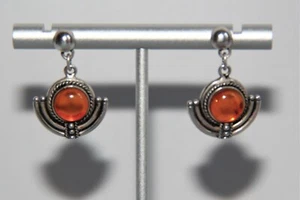Captivating Art Deco Style Cabochon Amber and Sterling Silver Dangle Earrings - Picture 1 of 11