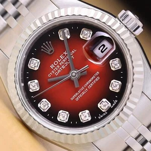 ROLEX LADIES DATEJUST 79174 RED VIGNETTE DIAMOND DIAL 18K WHITE GOLD STEEL WATCH - Picture 1 of 9