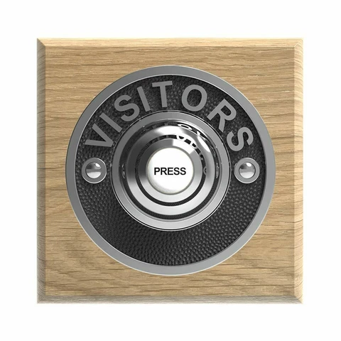 Traditional Square Wired Doorbell VISITORS in Natural Oak and Chrome Cover
