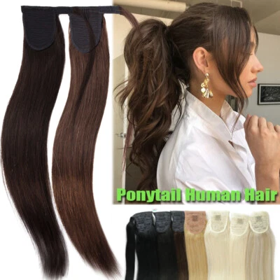 Extensiones de cola de caballo de cabello humano Remy 100 % grueso clip en envoltura alrededor del postizo 8A+ Foto 1 de 4