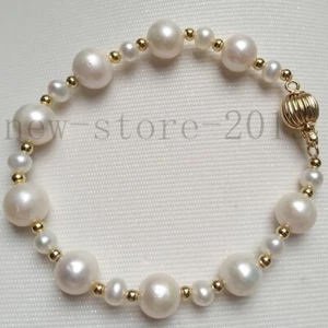 7.5-8" Elegant AAAA Natural Akoya White Pearl Bracelet 14k Yellow Gold P - Picture 1 of 6