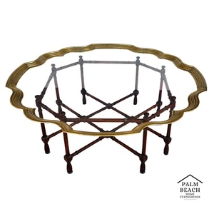 Vintage Baker Faux Bamboo Coffee Table with Scalloped Brass Glass Top - Picture 1 of 10