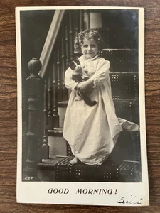 Bamforth Life Model Postcard ~ Good Morning, Girl on Stairs with Cat ~ RPPC - Picture 1 of 2