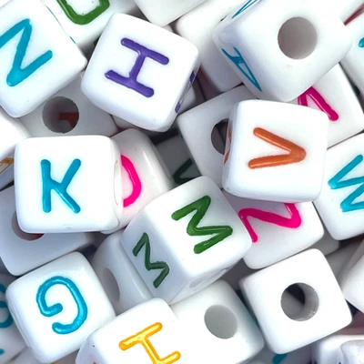 TAFFBEADS 100 x big thick 10mm cube white +colourful mixed letters acrylic alphabet beads