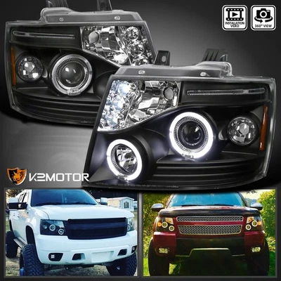 Black Fits 2007-2014 Chevy Tahoe Avalanche Suburban LED Halo Projector Headlight - Imagem 1 de 4