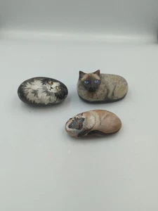3 Vintage Cats Hand Painted River Rock Great Detail Signed  - Picture 1 of 10