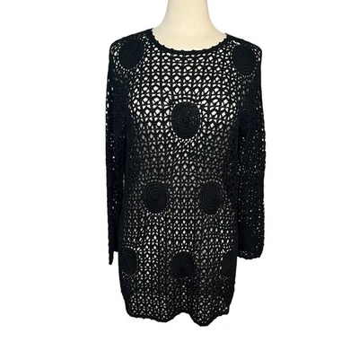 VTG Michael Simon Sweater OS Black Open Knit Crochet Lace Knit Boho Art Heavy - Image 1 of 4