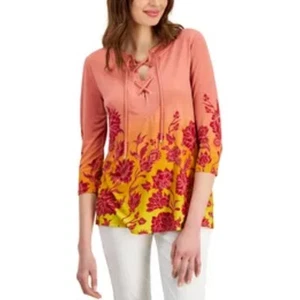 JM Collection Ombre Floral Print Lace-up Tunic Top Women's Size Large (L) - Picture 1 of 9